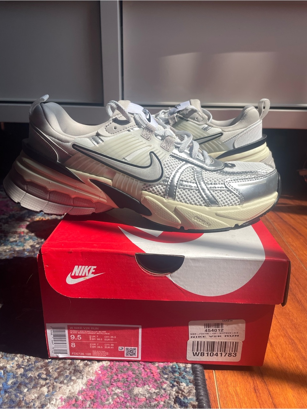Nike Womenβs Sz 9.5 V2K Run Summit White and Metallic Silver Running Sneakers